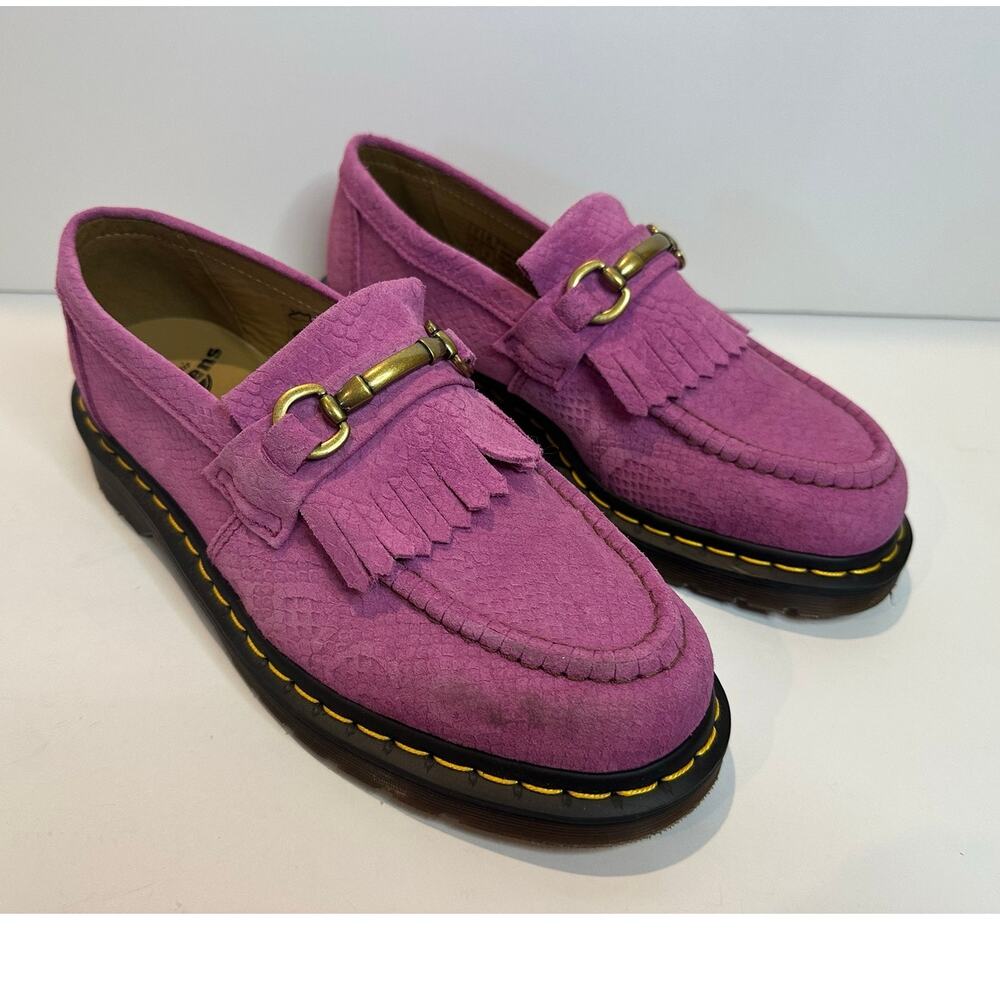 Dr. Martens Adrian Snaffle Repello Snake Emboss Suede Kiltie Loafers Pink 9